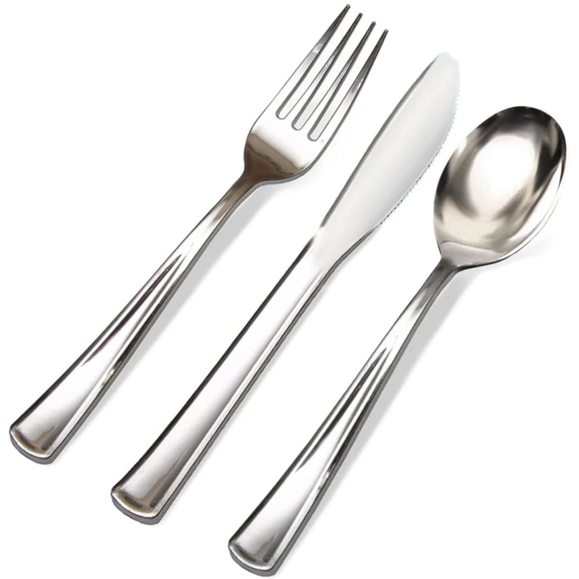 Set of silver cutlery including a fork, knife, and spoon on a white background