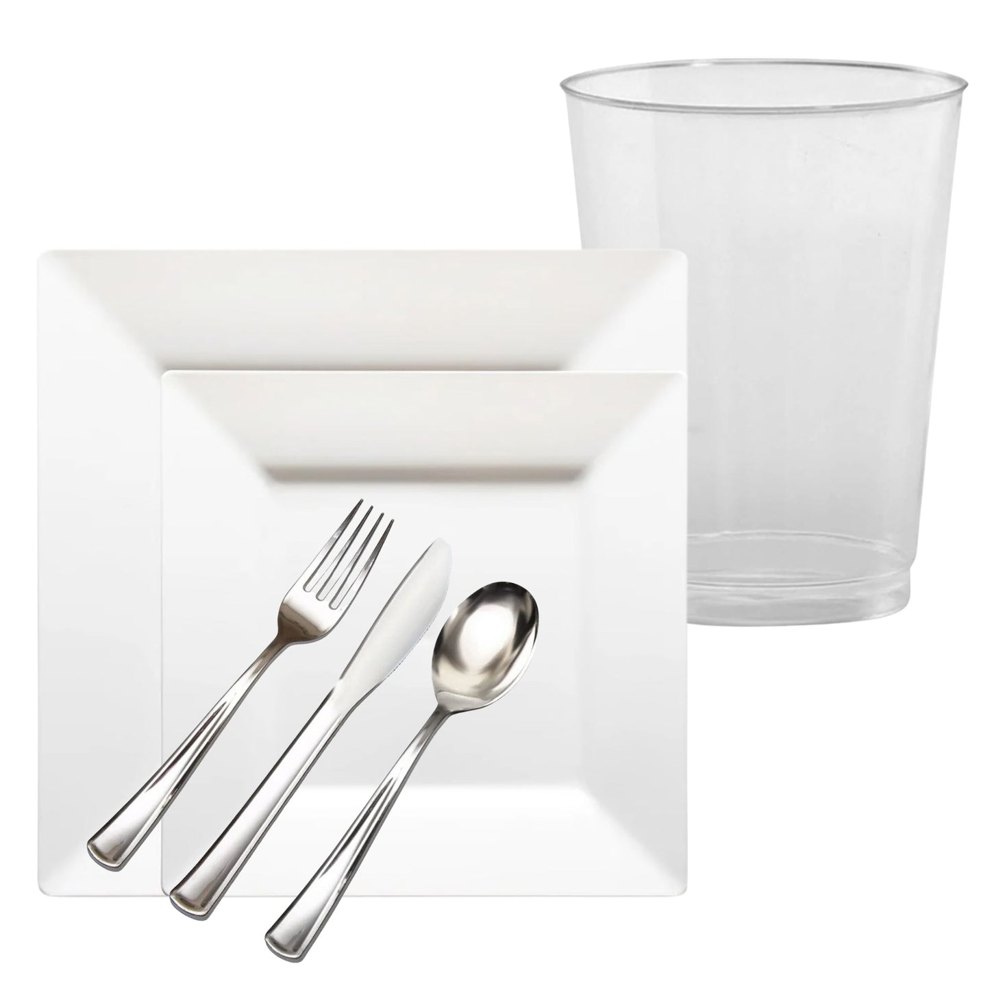 Silverware set with a clear plastic cup on a white background