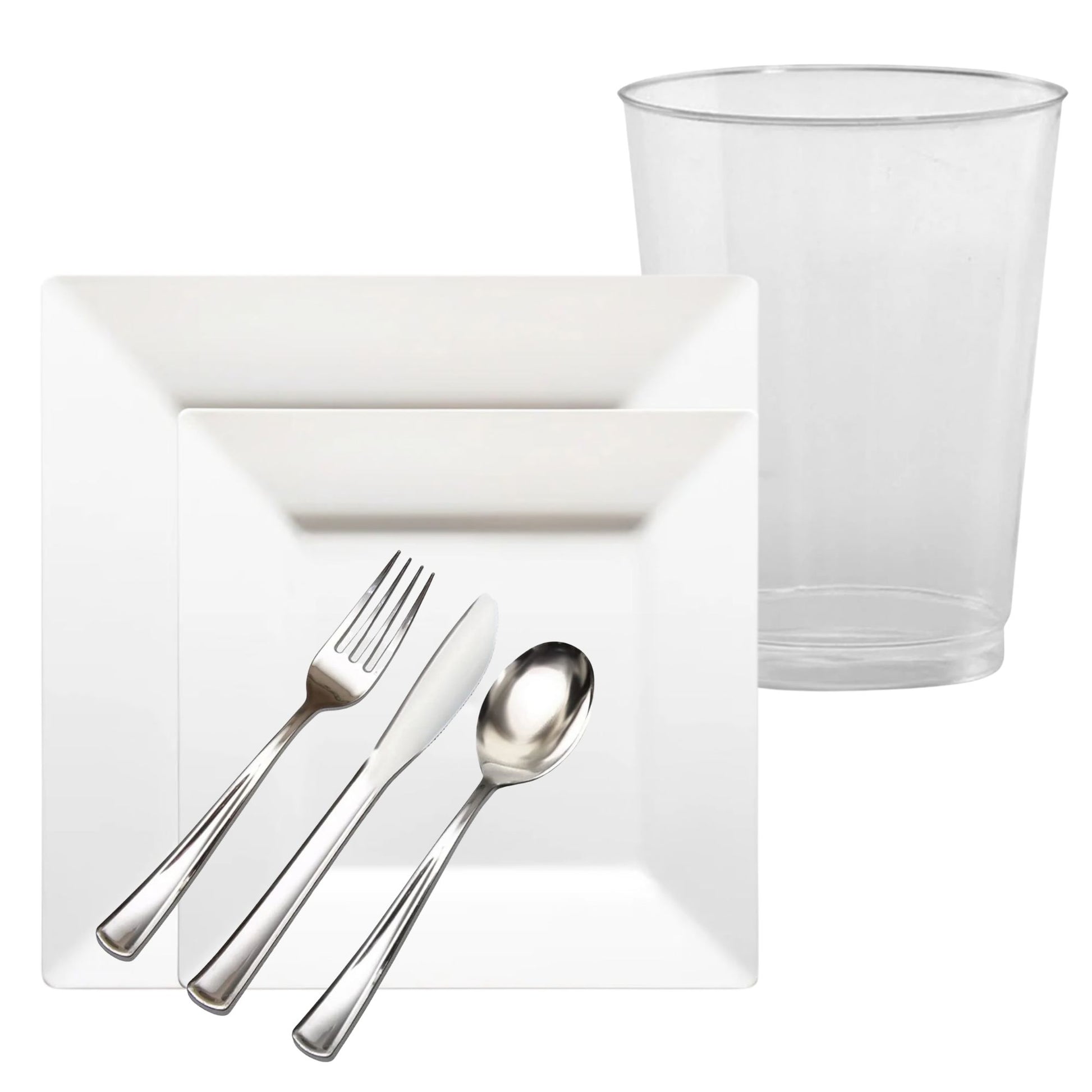 Silverware set with a clear plastic cup on a white background