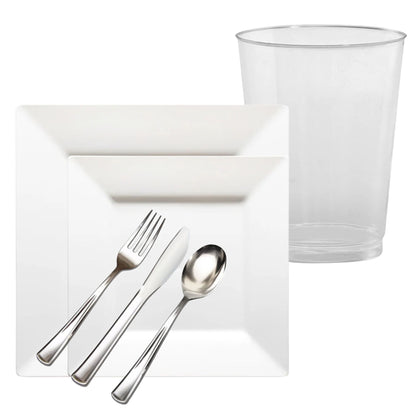 Silverware set with a clear plastic cup on a white background