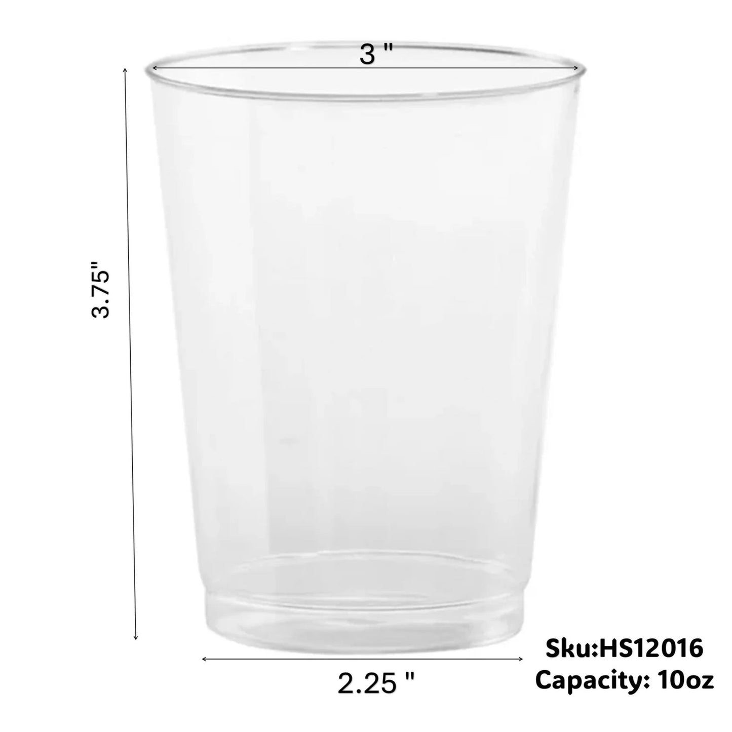 Clear plastic cup with dimensions and SKU information on a white background