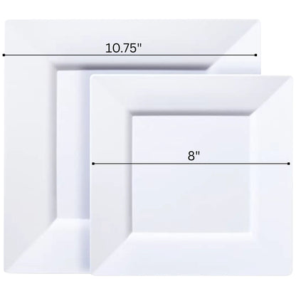 White square plate with dimensions labeled on a white background