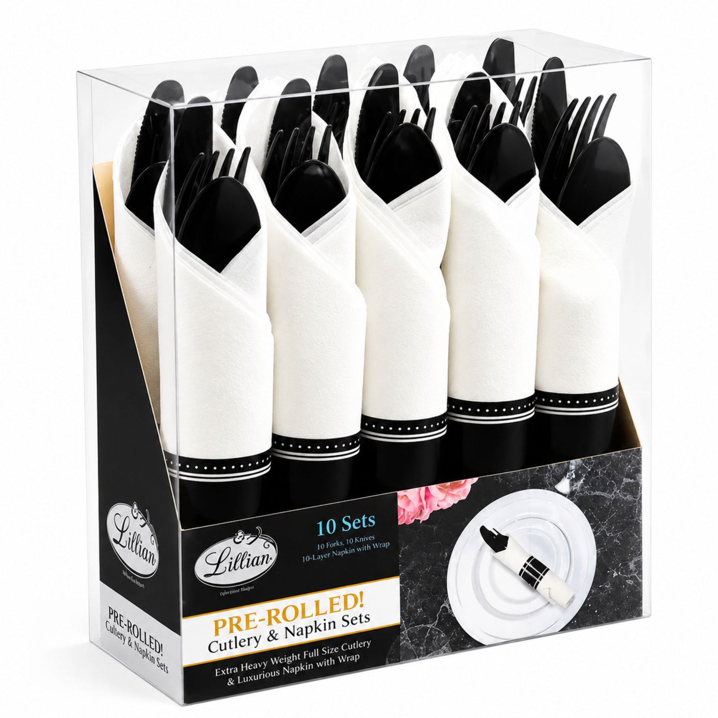 Pre-Rolled Black Cutlery Combo Spoon, Knife, Forks and Napkin Plastic Cutlery Set Lillian