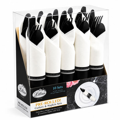 Pre-Rolled Black Cutlery Combo Spoon, Knife, Forks and Napkin Plastic Cutlery Set Lillian