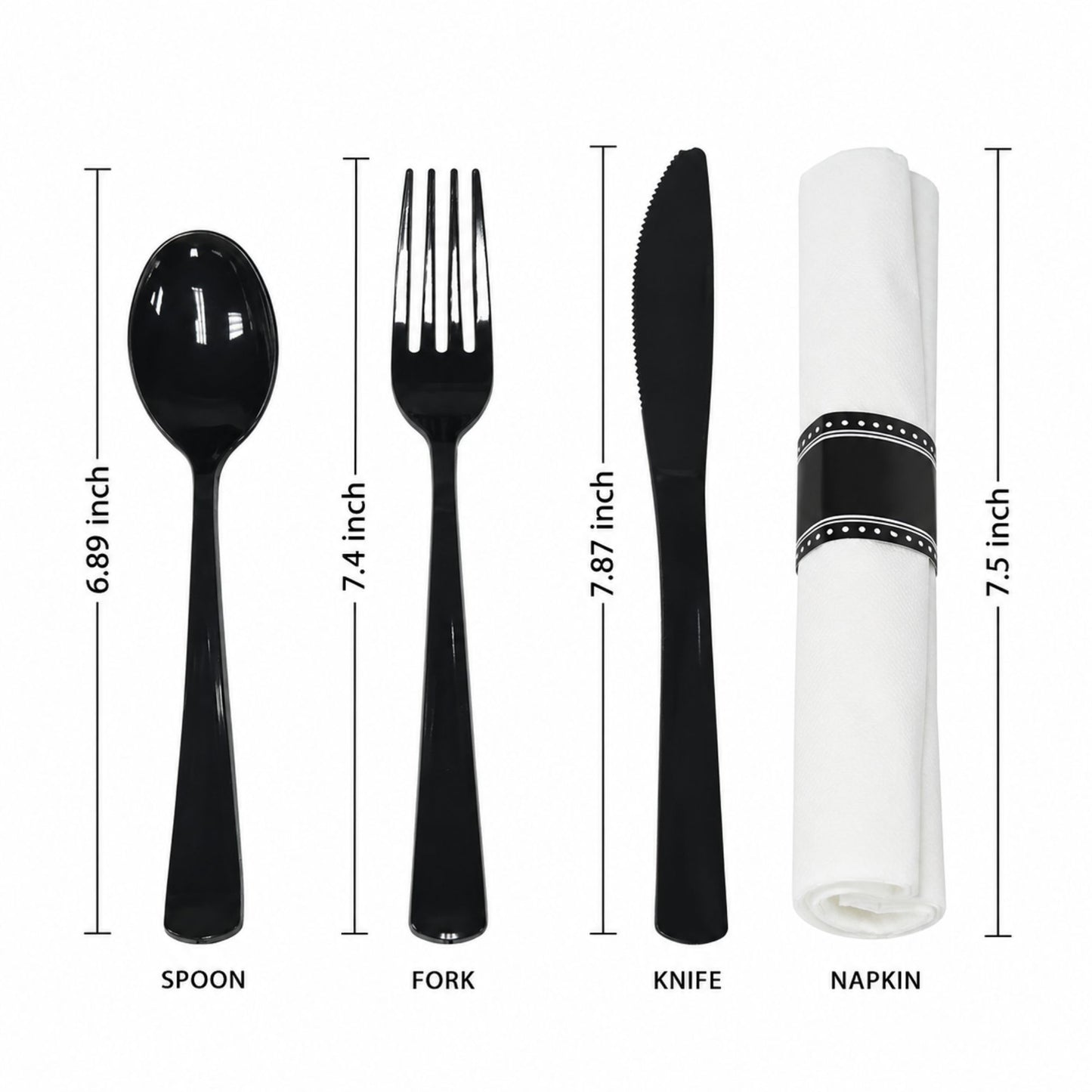 Pre-Rolled Black Cutlery Combo Spoon, Knife, Forks and Napkin Plastic Cutlery Set Lillian