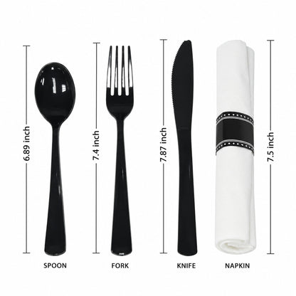 Pre-Rolled Black Cutlery Combo Spoon, Knife, Forks and Napkin Plastic Cutlery Set Lillian