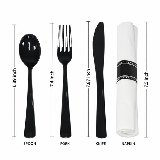Pre-Rolled Black Cutlery Combo Spoon, Knife, Forks and Napkin Plastic Cutlery Set Lillian
