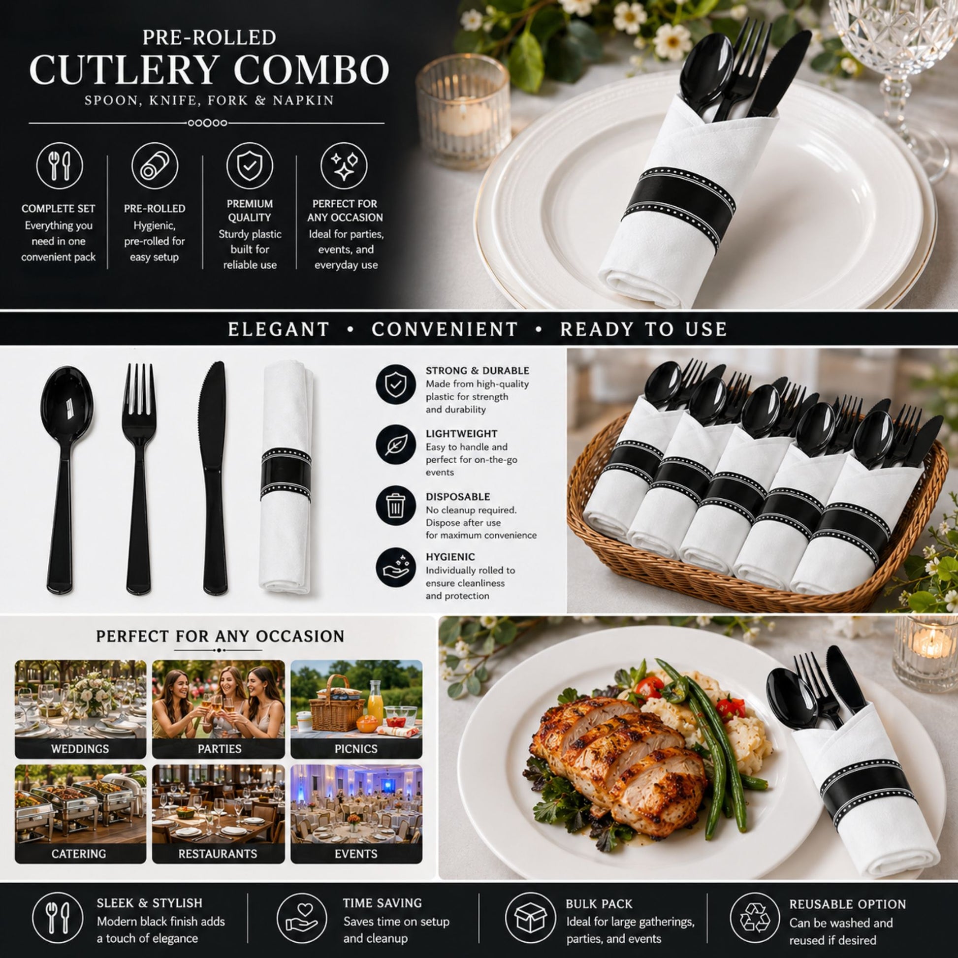 Pre-Rolled Black Cutlery Combo Spoon, Knife, Forks and Napkin Plastic Cutlery Set Lillian