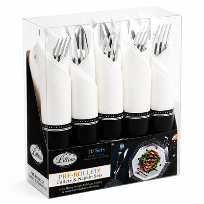 Pre-Rolled Silver Spoon, Knife, Forks and Napkin Plastic Cutlery Combo Disposable Cutlery Set Lillian