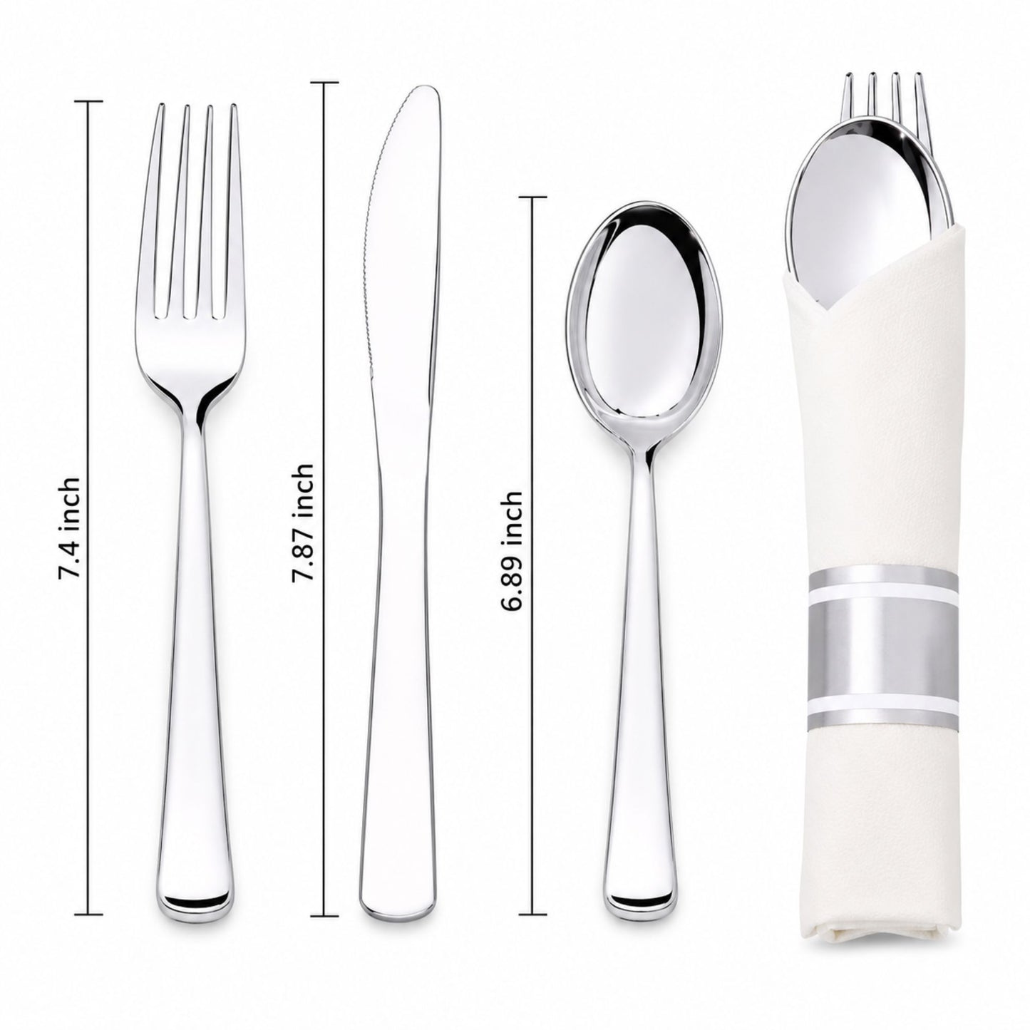 Pre-Rolled Silver Spoon, Knife, Forks and Napkin Plastic Cutlery Combo Disposable Cutlery Set Lillian