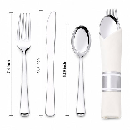 Pre-Rolled Silver Spoon, Knife, Forks and Napkin Plastic Cutlery Combo Disposable Cutlery Set Lillian
