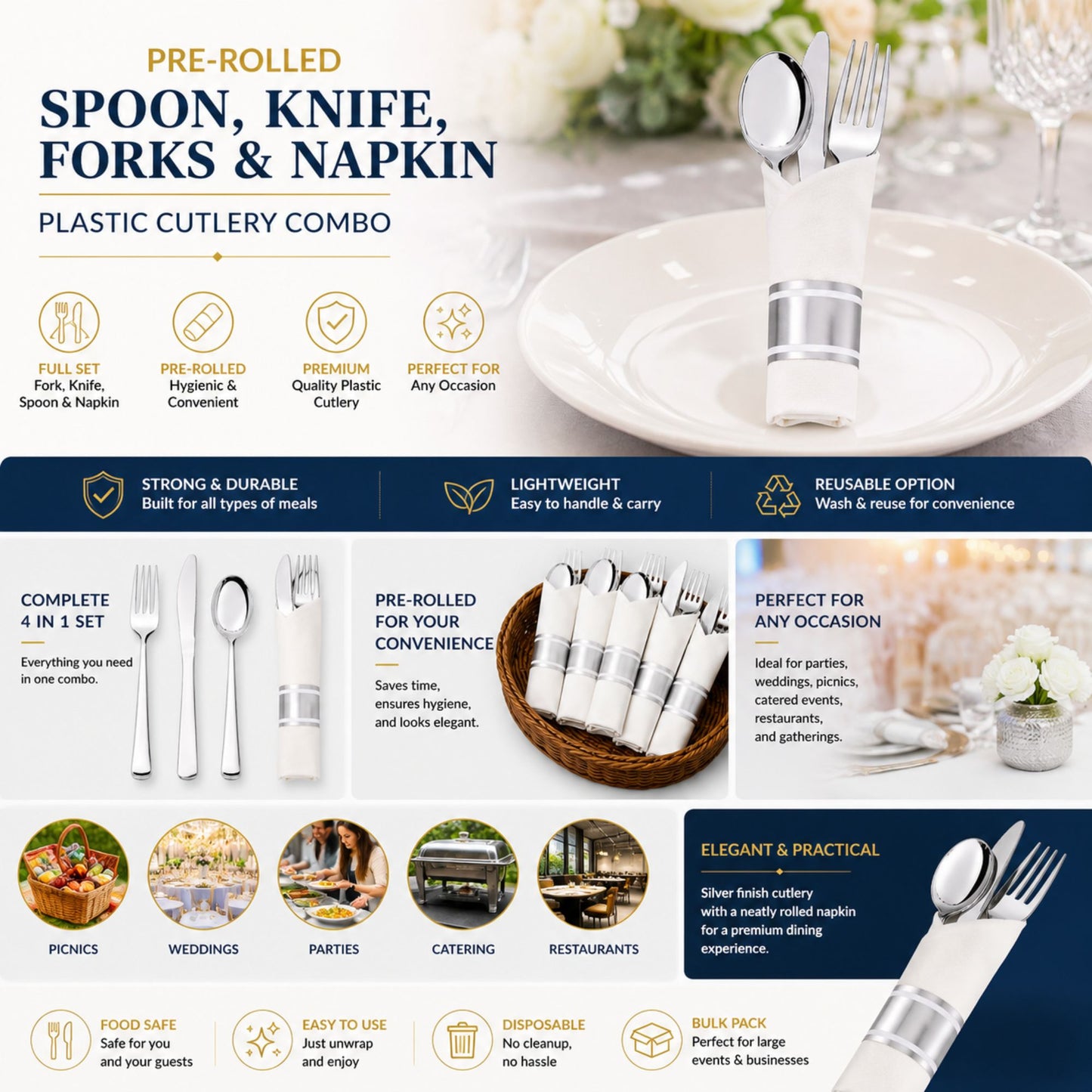 Pre-Rolled Silver Spoon, Knife, Forks and Napkin Plastic Cutlery Combo Disposable Cutlery Set Lillian