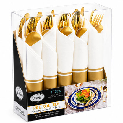 Pre-Rolled Gold Plastic Cutlery Combo Spoon, Knife, Forks and Napkin Cutlery Set Lillian