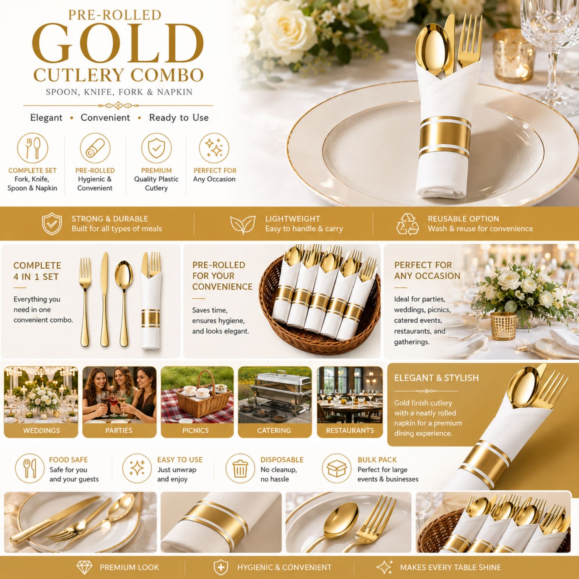Pre-Rolled Gold Plastic Cutlery Combo Spoon, Knife, Forks and Napkin Cutlery Set Lillian