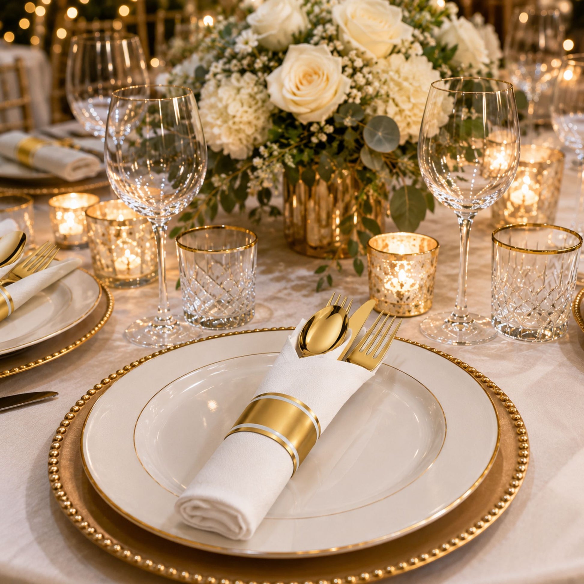 Pre-Rolled Gold Plastic Cutlery Combo Spoon, Knife, Forks and Napkin Cutlery Set Lillian
