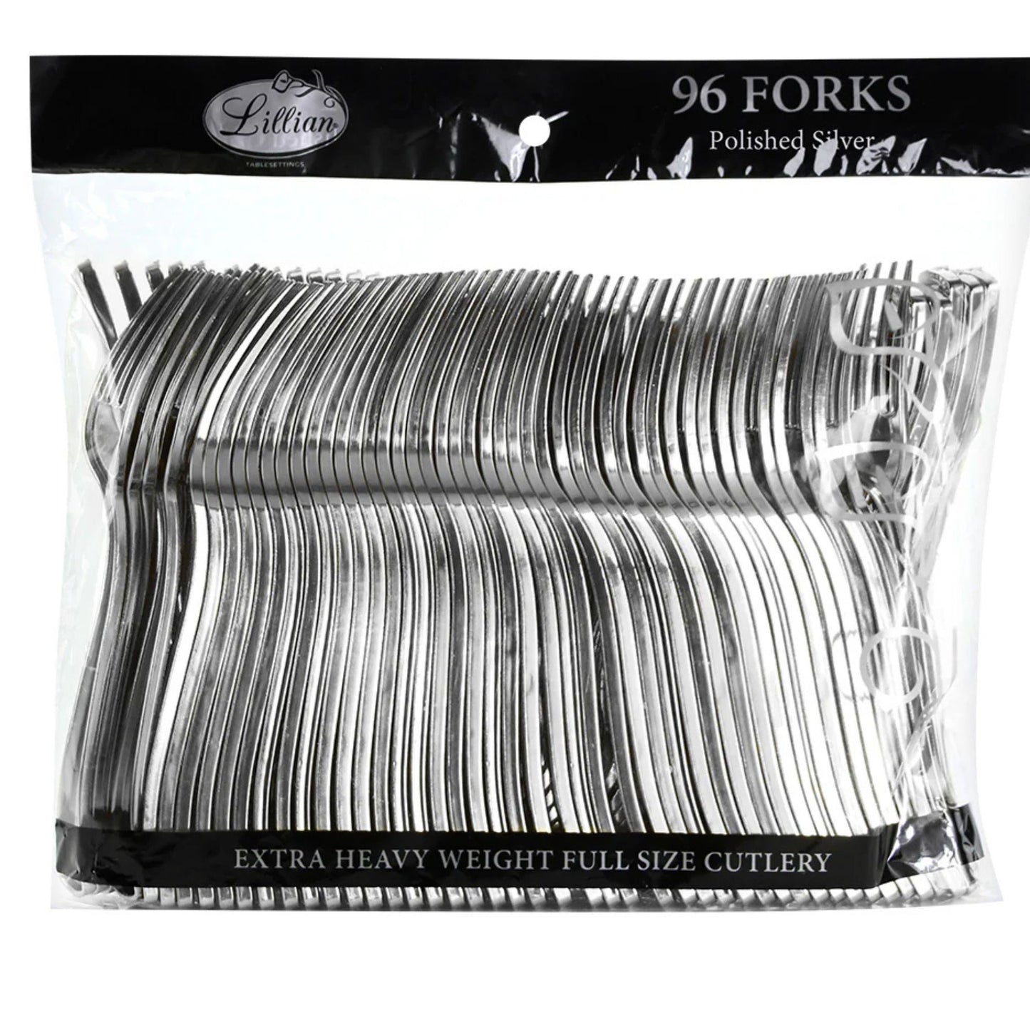 Pack of 96 polished silver forks with Lillian brand label.