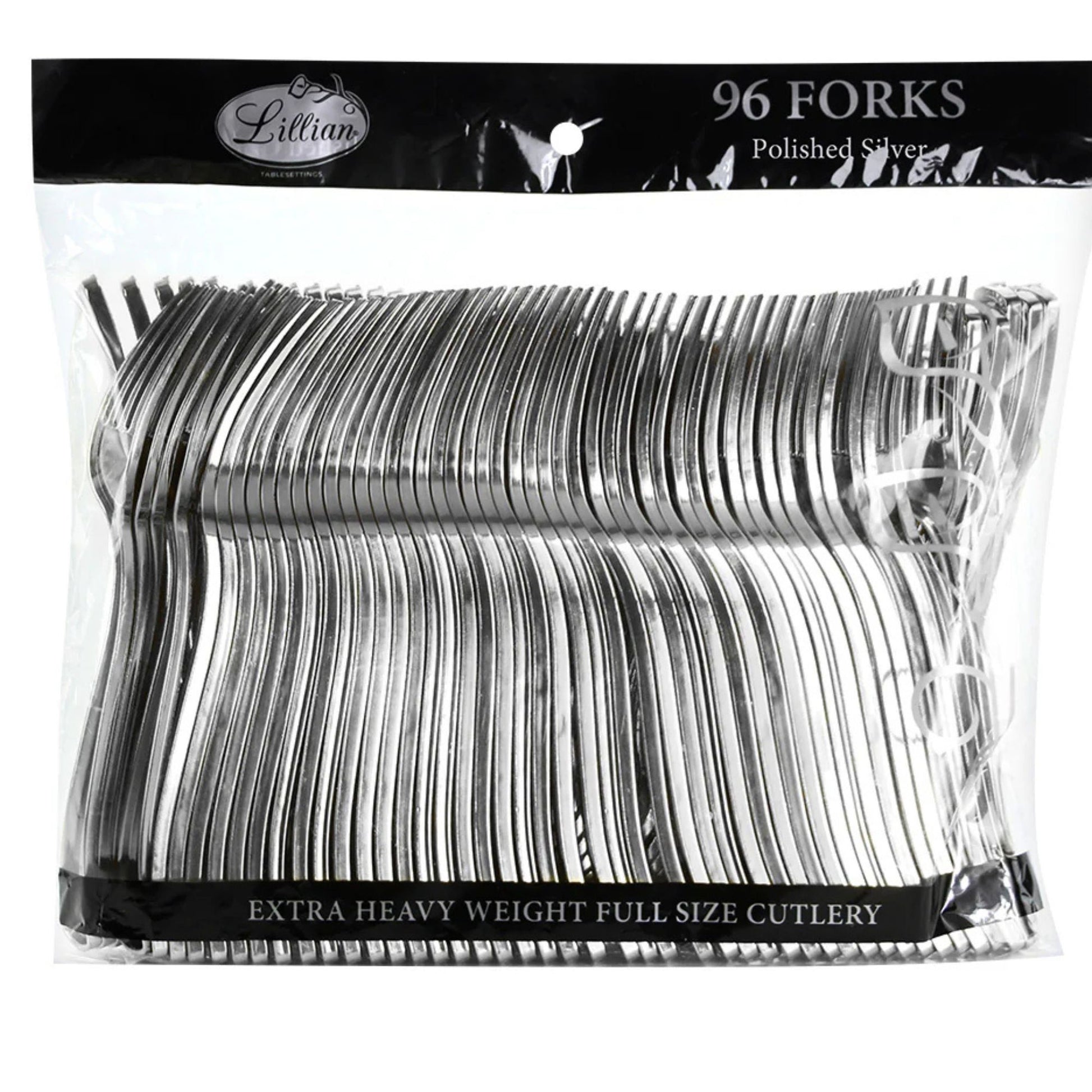 Pack of 96 polished silver forks with Lillian brand label.