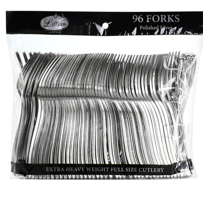 Pack of 96 polished silver forks with Lillian brand label.