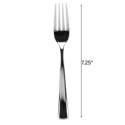 Stainless steel fork with measurement label on a white background