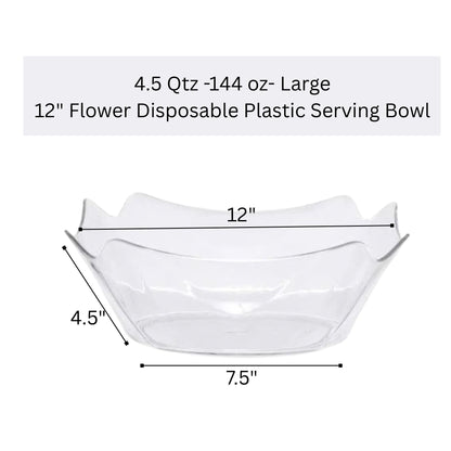 Disposable plastic serving bowl with dimensions on a white background