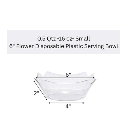 Small 6-inch disposable plastic serving bowl with dimensions on a white background