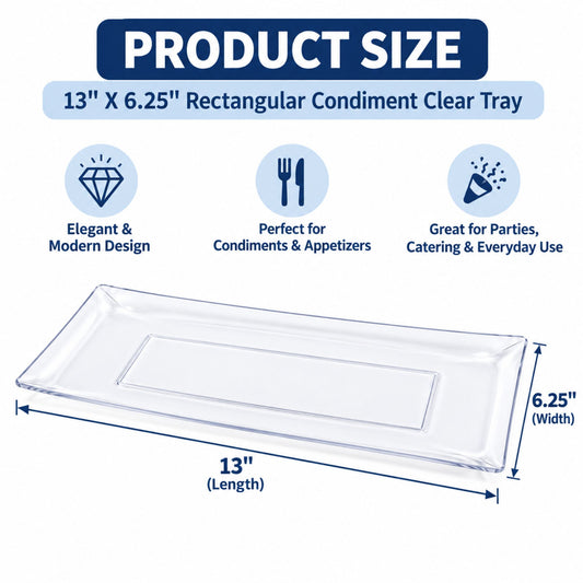 13" x 6.25" Rectangular Clear Plastic Condiment Tray – Elegant Serving Platter for Appetizers, Snacks, Desserts & Parties Disposable Serving Trays Lillian