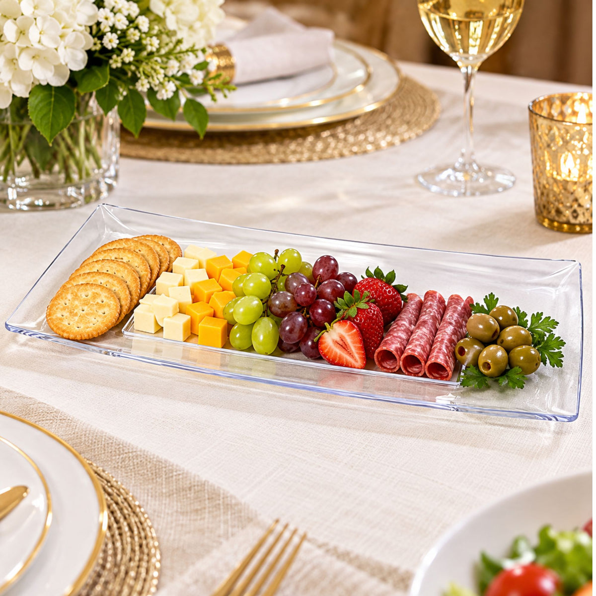 13" x 6.25" Rectangular Clear Plastic Condiment Tray – Elegant Serving Platter for Appetizers, Snacks, Desserts & Parties Disposable Serving Trays Lillian