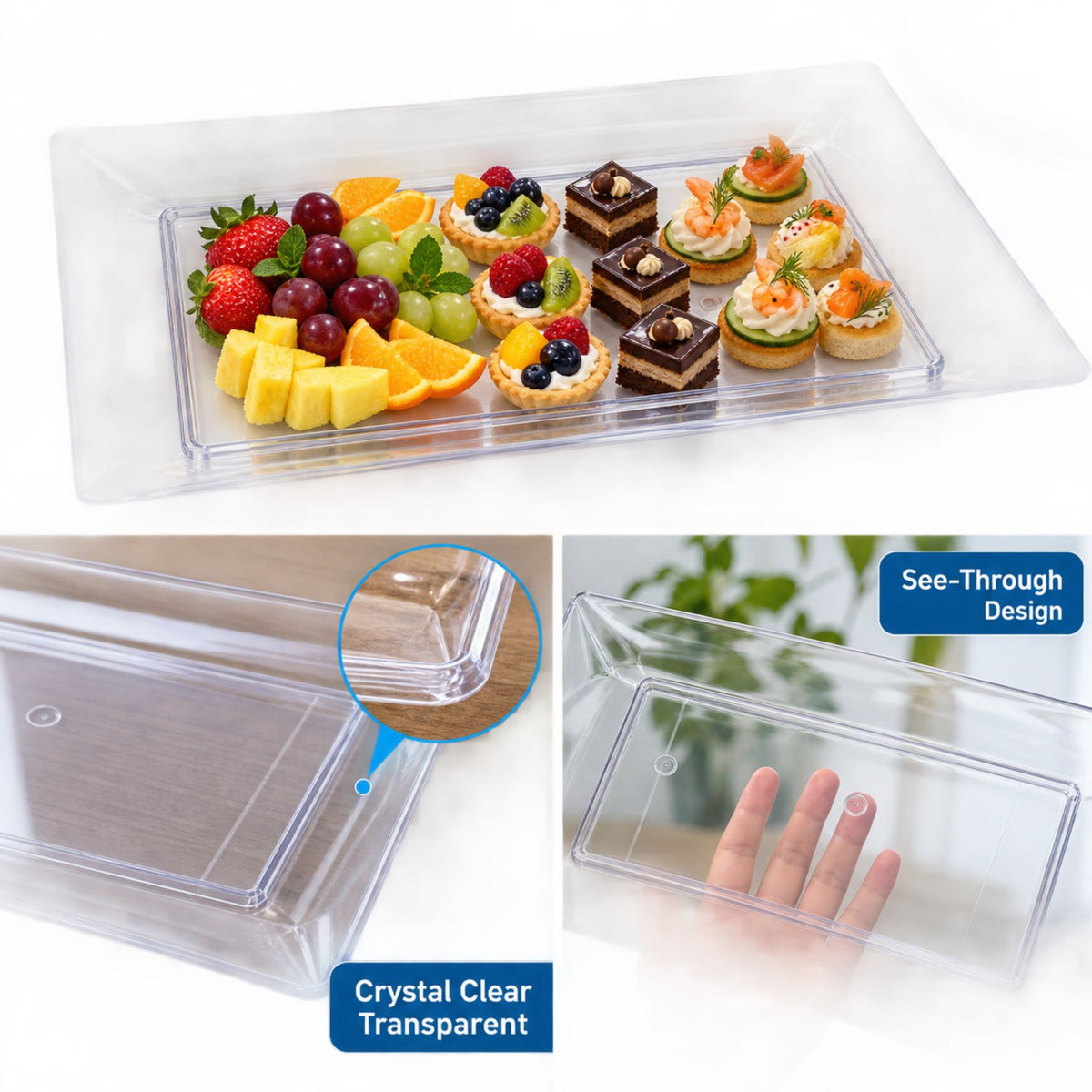 9" x 13" Clear Plastic Serving Tray – Rectangular Party Platter for Appetizers, Desserts, Fruit, Snacks & Catering Disposable Serving Trays Lillian