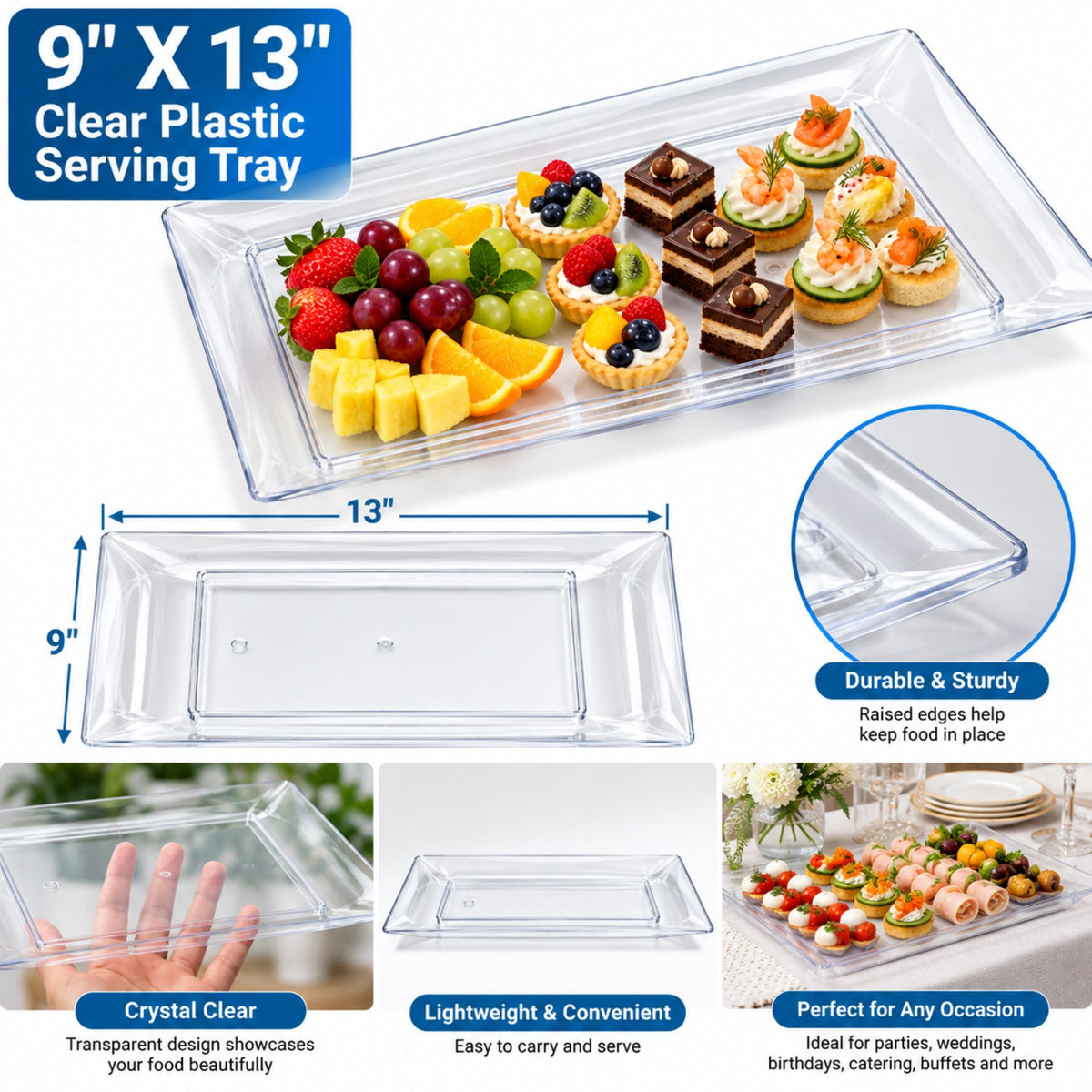 9" x 13" Clear Plastic Serving Tray – Rectangular Party Platter for Appetizers, Desserts, Fruit, Snacks & Catering Disposable Serving Trays Lillian