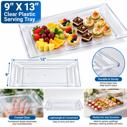 9" x 13" Clear Plastic Serving Tray – Rectangular Party Platter for Appetizers, Desserts, Fruit, Snacks & Catering Disposable Serving Trays Lillian