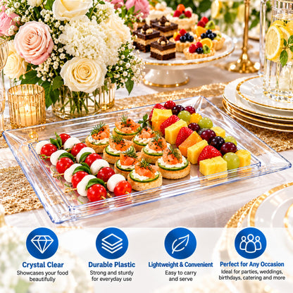 9" x 13" Clear Plastic Serving Tray – Rectangular Party Platter for Appetizers, Desserts, Fruit, Snacks & Catering Disposable Serving Trays Lillian