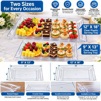 9" x 13" Clear Plastic Serving Tray – Rectangular Party Platter for Appetizers, Desserts, Fruit, Snacks & Catering Disposable Serving Trays Lillian