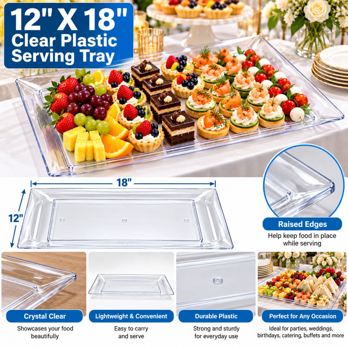 12X18" Serving Clear Tray Plastic Disposable Serving Trays Lillian