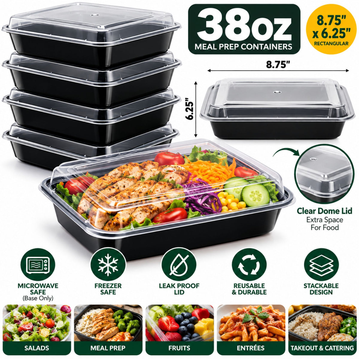 38oz. Rectangular Meal Prep/ Bento Box Containers with Lids Disposable Plastic Food Storage & Serving VeZee