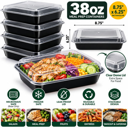 38oz. Rectangular Meal Prep/ Bento Box Containers with Lids Disposable Plastic Food Storage & Serving VeZee