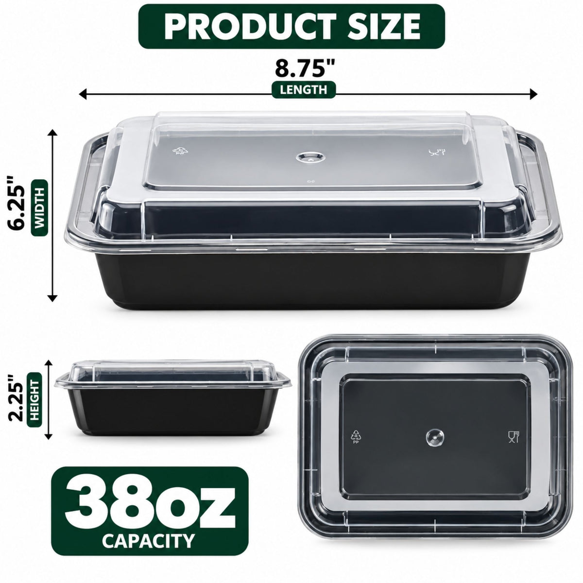 38oz. Rectangular Meal Prep/ Bento Box Containers with Lids Disposable Plastic Food Storage & Serving VeZee