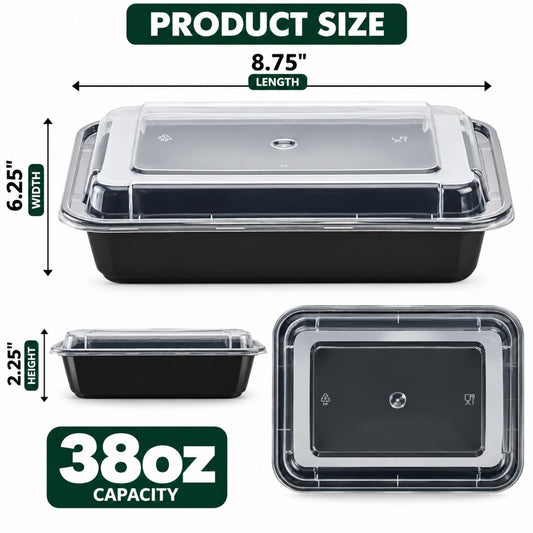38oz. Rectangular Meal Prep/ Bento Box Containers with Lids Disposable Plastic Food Storage & Serving VeZee