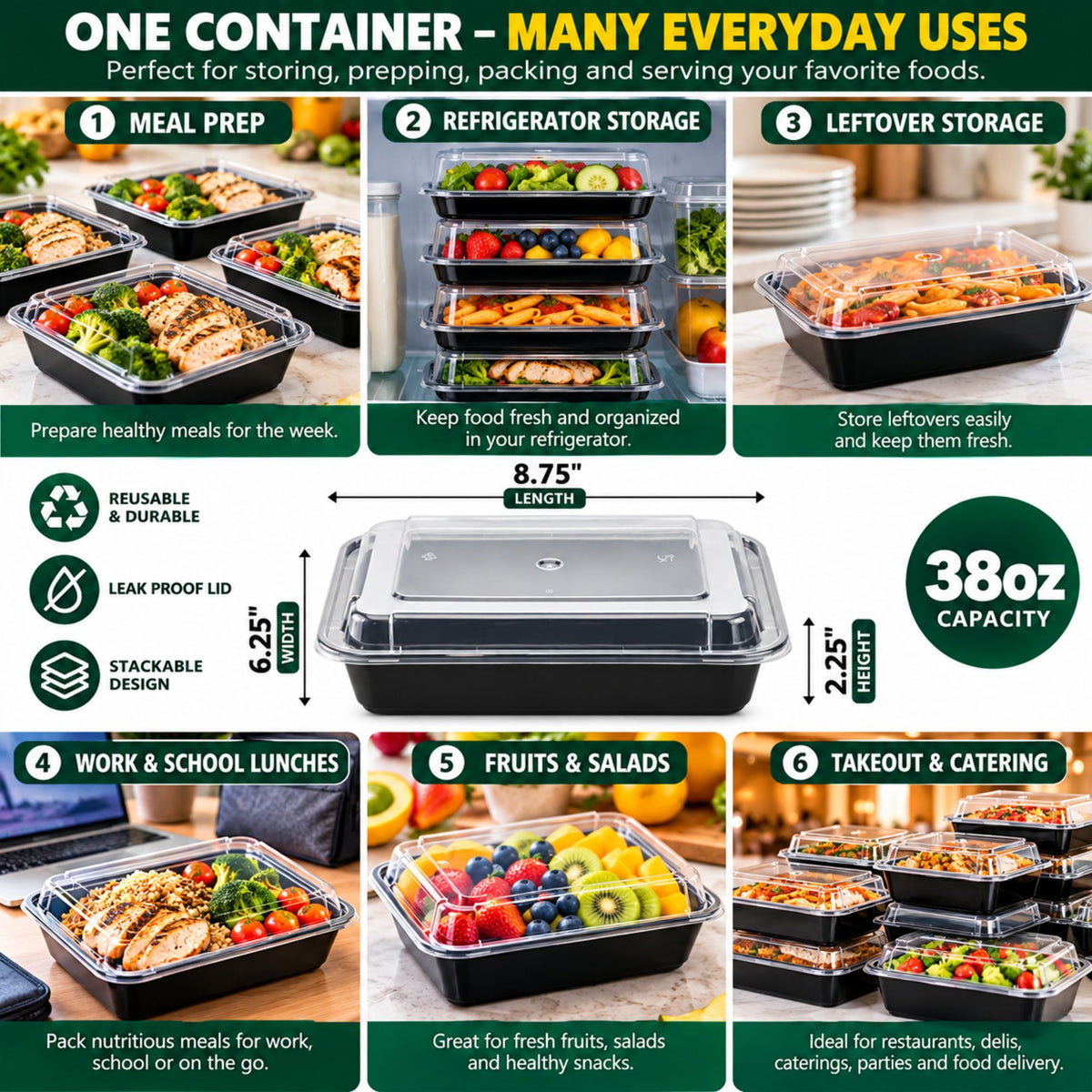 38oz. Rectangular Meal Prep/ Bento Box Containers with Lids Disposable Plastic Food Storage & Serving VeZee