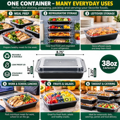 38oz. Rectangular Meal Prep/ Bento Box Containers with Lids Disposable Plastic Food Storage & Serving VeZee