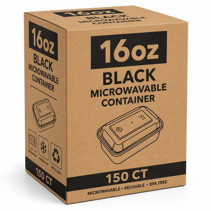 *WHOLESALE* 16oz Plastic Black Meal Prep/ Bento Box Container with Clear Lid 150/Case Food Storage & Serving VeZee