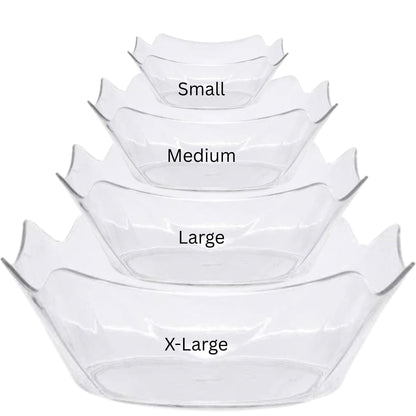 Set of four clear plastic bowls labeled Small, Medium, Large, and X-Large on a white background.