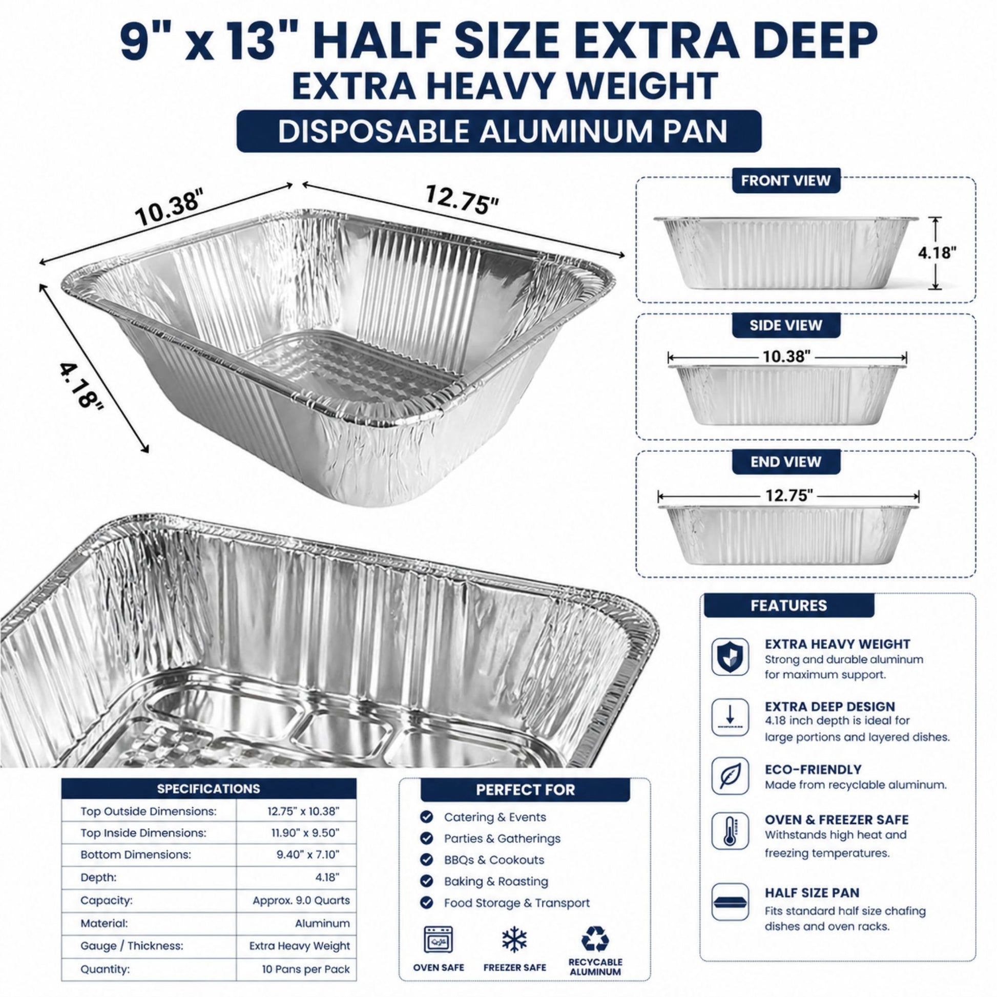 *WHOLESALE* 9 x 13” Half Size Extra-Deep Extra-Heavy Disposable Aluminum Pans 100ct/case Disposable Roasting Pans VeZee