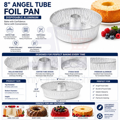 *WHOLESALE* 8" Angel Tube Aluminum Foil Pan Disposable 100/Case Cake Pans & Molds VeZee