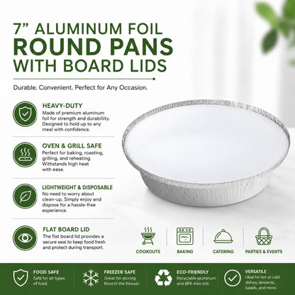 7” Round Aluminum Foil Pans with Board Lids Disposable Round Pans with Board Lids VeZee