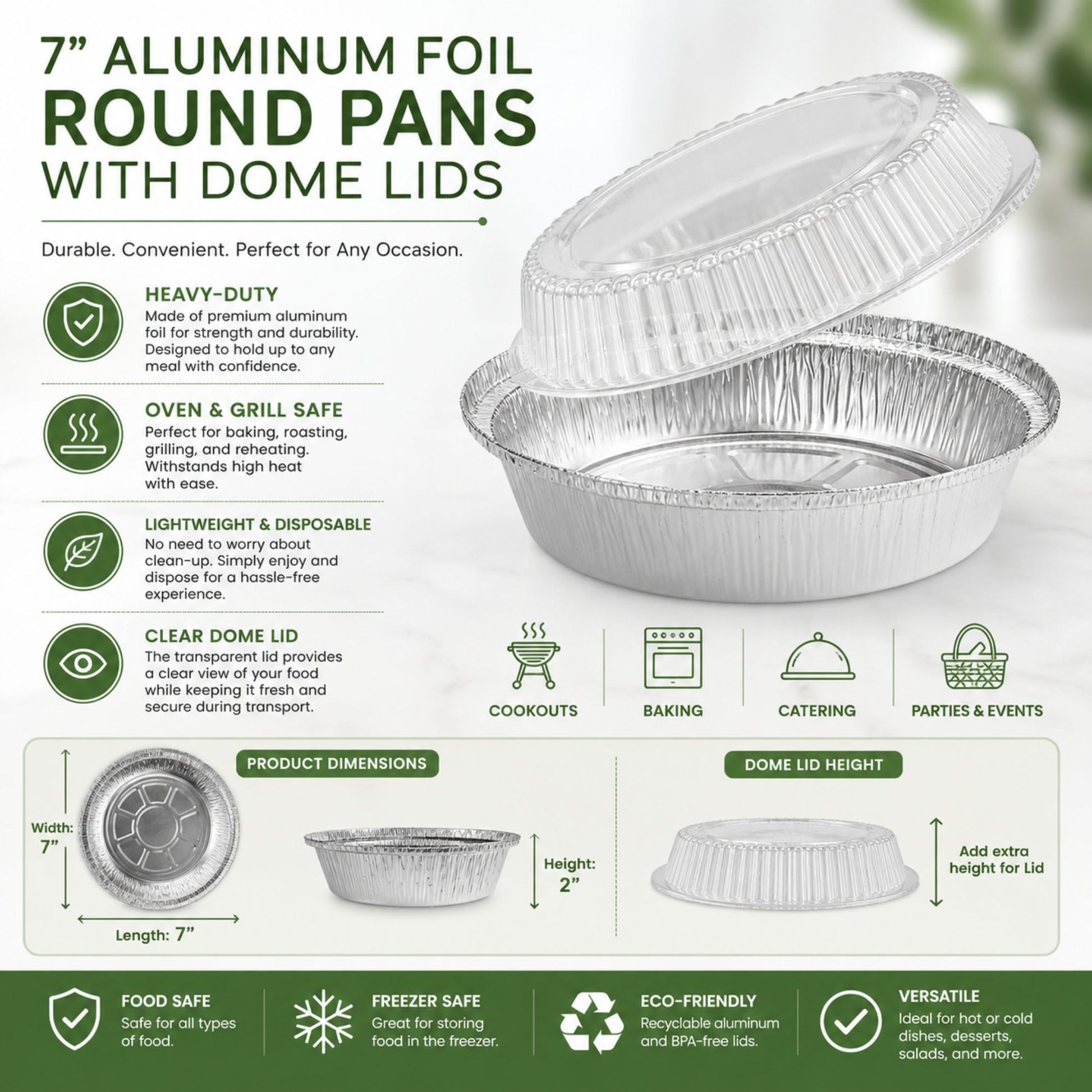 7” Aluminum Disposable Foil Round Pans with Dome Lids Aluminum Pans with Lids VeZee