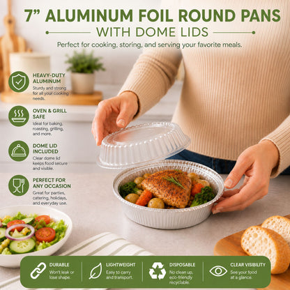 7” Aluminum Disposable Foil Round Pans with Dome Lids Aluminum Pans with Lids VeZee