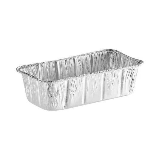 Aluminum foil loaf pan on a white background