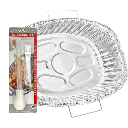 Oval Disposable Turkey Roasting Pan with Handles & Free 3-in-1 Basting Kit Disposable Roasting Pans VeZee
