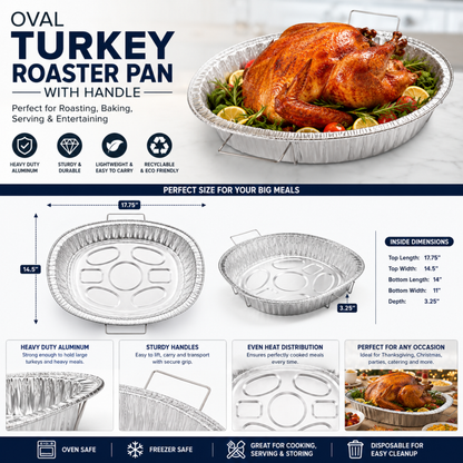 Oval Turkey Roasting Aluminum Pan with Handles & Free 3-in-1 Basting Kit Disposable Roasting Pans VeZee