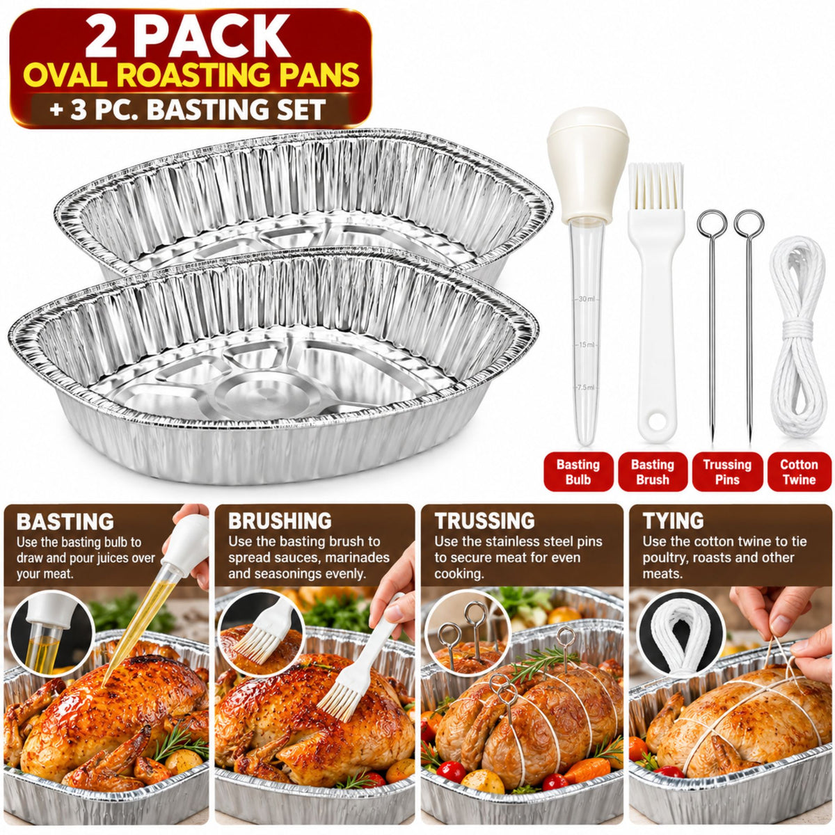 Large Oval Turkey Roaster Pan With Basting Set 5 Pieces Aluminum Disposable Roasting Pans VeZee